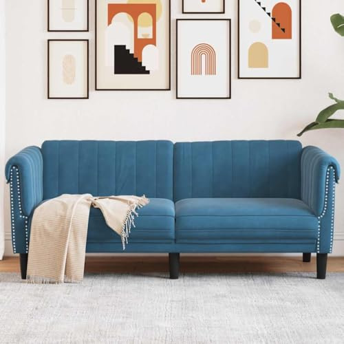 Massbinet Sofa 2-Sitzer Blau Samt Stoff Leseecke Seitenstuhl Loungesitz und Holzbeinen