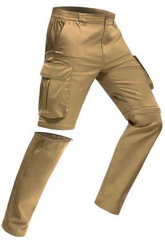 MOURCE Pantalones de senderismo para hombre, con cremallera, ligeros, de secado rápido, 8 bolsillos, para camping, viajes, pesca, caqui, 28W / 30L