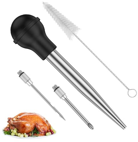 Aoreun Stainless Steel Roasting Syringe for Marinades, Turkey Baker, Spice Syringe with 2 Needles and Cleaning Brush, Meat Injector for Juicy and Aromatic Meat, Baster Syringe for BBQ, Cooking
