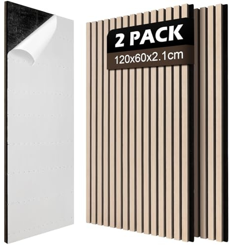 Jaxguom 2x Akustikpaneele Holz 120x60cm (1.44m²) Selbstklebend 3D Wandpaneele in Holzoptik für Schallschutz & Dekoration,Holzpaneele für Wohnzimmer,Büros,Studios,Zur Wandmontage,Eiche