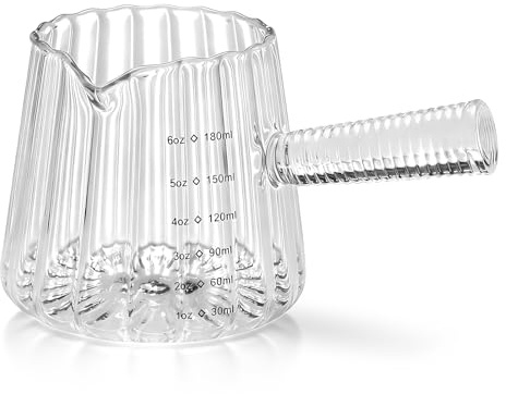 6OZ Glass Measuring Cup - 180ml Borosilicate Glass Espresso Shot Glass with Glass Handle, V-Shaped Spout for Milk Frothing, Espresso Accessories for Machine, Dishwasher Safe