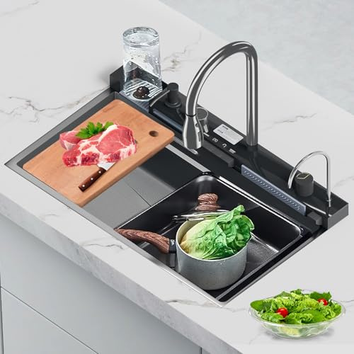 Évier de Cuisine,évier en Acier Inoxydable,Évier à Cascade Numérique,lave-Tasses,Distributeur de Savon,Cuisine Multifonction Accessoires d'évier Complets,75 * 46 * 21cm