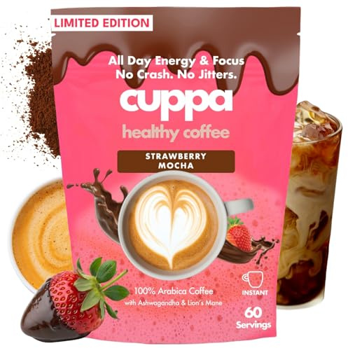 Cuppa Coffee - Great tasting Straberry Mocha coffee with mushrooms, adaptogens & superfoods - Lion's Mane, Ashwagandha, Cordyceps, MCT, Prebiotic Fiber & L-Theanine. Supports natural energy & better mental focus, overall well-being + a happier gut (60 Servings)