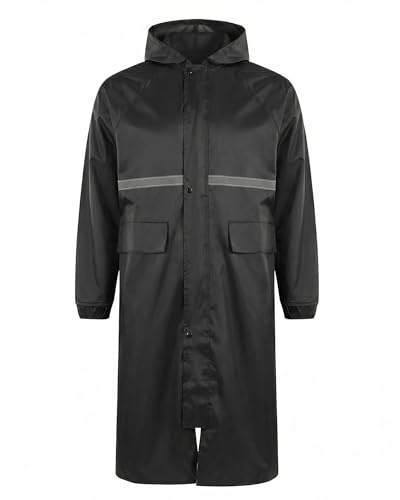 TOMSHOO Men's Raincoat Long Rain Jacket Waterproof, Black | Rain Coat with Hood, Reflective Lightweight Emergency Poncho for Travel, Camping, Hiking