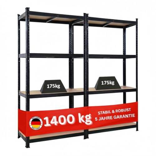 PROREGAL 2X Schwerlastregal Gorilla | HxBxT 160x80x40cm | Fachlast 175kg | Schwarz | Garagenregal Kellerregal Werkstattregal Lagerregal Steckregal