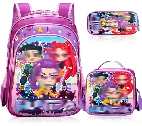 Heartsking Kpop School Backpack 3-Piece Set with Waterproof Kpop School Bag Lunch Bag and Pencil Case Suitable as a Learning Camping Travel Birthday Gift and Stationery Set for Girls