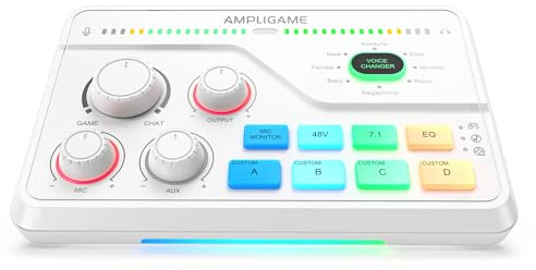 FIFINE SC8W RGB Gaming Audio Interface | XLR Preamp, Audio Mixer with EQ Modes, Voice Changer, Game/Chat Balance. for Streaming, Living, Voice Chat, Podcast. White.