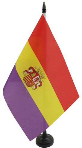 AZ FLAG Drapeau de Table Espagnol Républicain avec écusson 21x14 cm | Usage intérieur Drapeau de bureau de l'Espagne républicaine finition cousue et bords renforcés polyester 100D