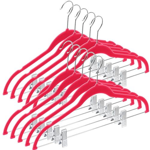 Home-it 10 Pack Clothes Hangers with Clips Pink Velvet Hangers use for Skirt Hangers Clothes Hanger Pants Hangers Ultra Thin No Slip
