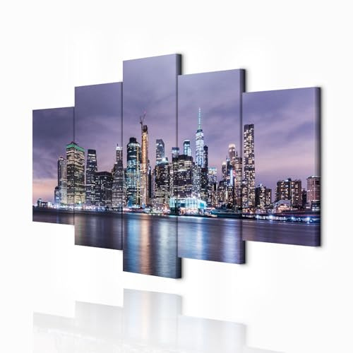 decomonkey Quadri Moderni Soggiorno New York Panorama, 5 pezzi, 200x100 cm | Tela strutturata su telaio in legno, decorazione da parete, architetura, città, Manhattan, city, notte, grattacielo