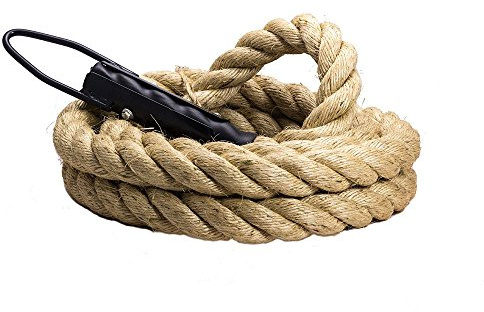 Suprfit Klättringsrep – klätterrep för klättringsövningar eller dra-övningar, metallkrok för säker fastsättning, längd: 4 meter, diameter: 38 mm, material: sisalhampa, mantlad ände