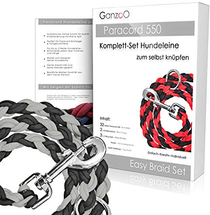 Ganzoo Paracord 550 Hunde-Leinen Bastelset zum Selberknüpfen DIY Geschenkset Grau, 4x 8 m Nylonseil 4 mm Typ 3, 2 Karabiner 80 mm, 3 O-Ringe 25 mm, für ca. 2 m Leine, Online-Anleitung