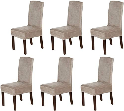 LINGKY Stuhlhussen 6er Set, Stuhlhussen für Esszimmerstühle, Stretch Samt Stuhlschoner Abnehmbarer Waschbarer, Stuhlbezug Universal für Esszimmer, Hotel, Bankett, Partys Deko (Taupe,Set of 6)