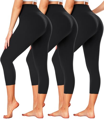3-pack damleggings-inga genomskinliga hög midja magkontroll yogabyxor träning löpning legging-Reg&Plus, 1-3-pack capri svart, svart, svart, S-M