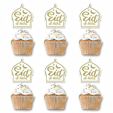 SWYOUN 48PCS Glitter Eid Al Adha Cupcake Topper Party Supplies Islamic Muslim Party Decorations(White)
