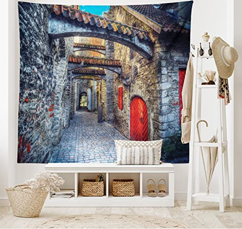 ABAKUHAUS Mittelalterlich Wandteppich und Tagesdecke, Old Stone House Stadt, aus Weiches Mikrofaser Stoff Wand Dekoration Für Schlafzimmer, 230 x 140 cm, Grau, Rot, Braun