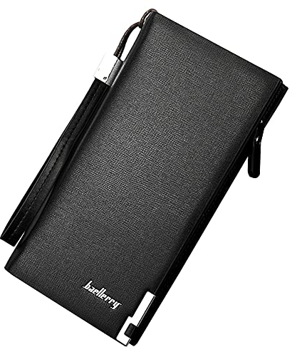 A-QMZL Lange Geldbörsen Herren Brieftasche Herren PU Leder Reißverschluss Geldbörse Mehrschichtige Mobile Geldbörse großer Kapazität Herren Geldbörse vielen Kartenfächern mit Handschlaufe (Schwarz)