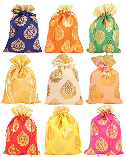 Touchstone Bolsas de cordón tradicionales indias hechas a mano en tela de brocado con patrón de hojas de ficus. Perfecto para regalos, joyas, bodas, dulce distribución, juego de 9 bolsas multicolor