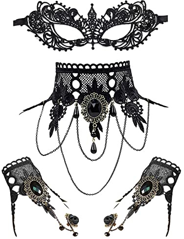 JewelryWe Schmuck 3 PCS Choker Halsband Halskette Set Schwarz Stretch Samt Classic Gothic Quasten Tattoo Spitze Choker Halsketten Ketten für Damen Mädchen