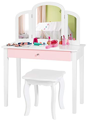 RELAX4LIFE Set Toeletta in Legno con Sgabello, Tavolo da Trucco con Cassetto con 3 Specchi per Bambini, Kit Toeletta da Trucco con Sedia per Bambine, Giocattolo da Trucco per Bambini (Bianca)