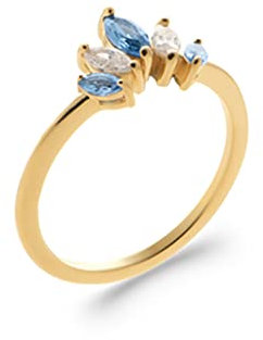 Tata Gisèle Bague en Plaqué Or 18 carats - Cabochon 5 Zircons Marquises sertis 2 Griffes - Dominante Bleu - Sachet Velours Offert - (60)