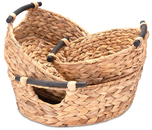 Decorasian Korb zur Aufbewahrung, geflochten aus Wasserhyazinthe mit Griffen - Präsentkorb bzw. Geschenkkorb leer – Ideale Geschenkkörbe von groß bis klein – 27cm + 32cm + 37cm