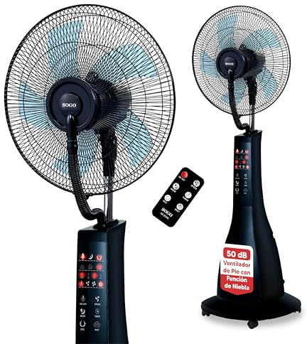 SOGO Ventilador Nebulizador De Agua Con Mando A Distancia - Ventilador Silencioso Oscilante Con Temporizador 7.5h - Panel LED Táctil Y Ruedas - Depósito 3L 90W
