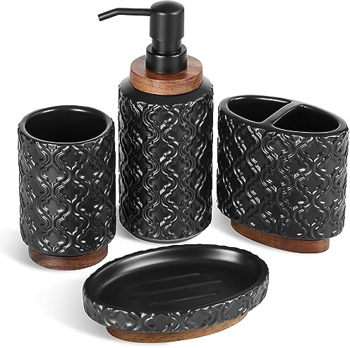 RQYIXI Bathroom Accessories Set 4 Pcs Toothbrush Holder Soap Dispenser Ceramic and Wood Bathroom Set Contain Toothbrush Cup Soap Dish Tumbler Black
