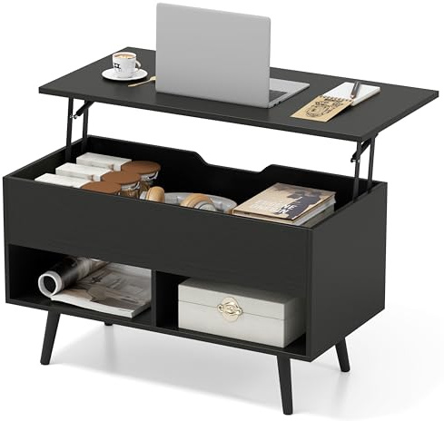 COSTWAY Mesa de Centro Elevable de Madera, Mesa de Cóctel Moderna con Compartimento Oculto & 2 Estantes Abiertos, para Salón, Sala de Recepción, Oficina (Negro)