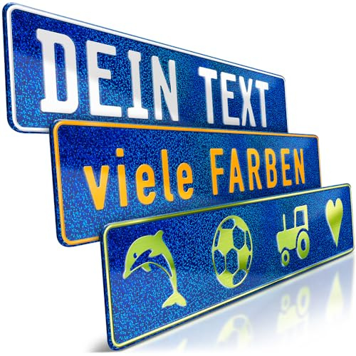1 Fun-Schild geprägt | Blau Holo Glitzer mit Wunschtext bis zu 16 Zeichen | Individuelles Fun-Kennzeichen aus Aluminium | Namensschild | Auto-Kennzeichen | Optional Löcher & Saugnäpfe