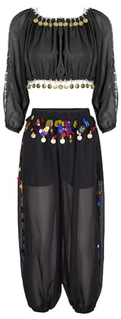YiZYiF Damen Bauchtanz Kostüm Bauchtanz Hose Oberteil Hüfttuch Mit Münzperlen indische Tanzkleidung Karneval Fasching Kostüm Belly Dance Set Schwarz_D Einheitsgröße