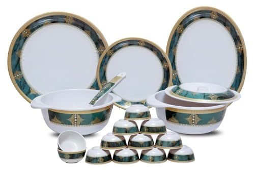 Vajilla redonda de melamina de 40 piezas, borde verde y dorado, juego de cena impreso para cocina