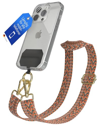 EAZY CASE - Handykette Universal zum Umhängen kompatibel mit jedem Handy Kette mit Hülle kombinierbar Handykordel mit Karabiner für Handyhülle Handyband zum Umhängen Bunt Boho Kordel Orange Grün Gold