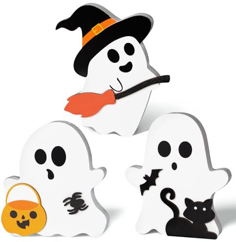 3 Stück 3 Muster Halloween Ornamente Aufsteller Natur Holz kleinen Figuren Deko Kürbis Geist Katze zum Hinstellen Geschenk Tischdeko für Fasching Karneval Halloween Dekoration (3 verschiedene Geist)