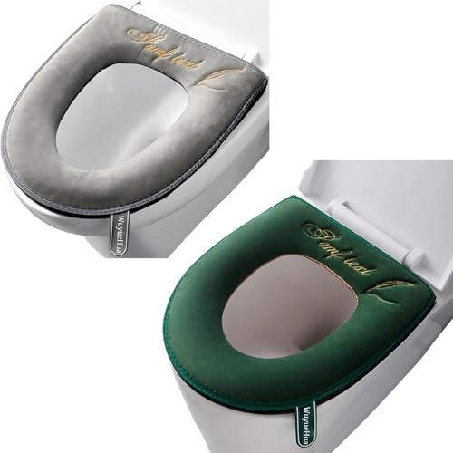 Set di 2 coprisedili per WC con manico, morbidi, spessi, lavabili, adatti a tutti i sedili ovali (grigio + verde, cerniera)