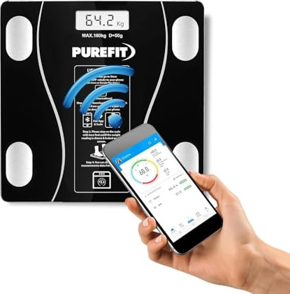 PUREFIT Digital Body Fat Scale Smart App Controlled With 13 Key Body Compositions Measurement Weight BMI Water Muscle Mass Weighing Scale Backlit LED Display High Precision 180KG Max Battery Included