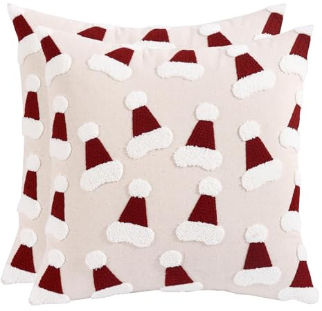 Tosleo 2er Set Weihnachten Kissenbezug Roter Tuffhut 50x50cm Kissenbezüge aus Baumwolle Leinen Kissenhülle Dekokissen für Sofa Wohnzimmer Schlafzimmer Couch Heimdekoration
