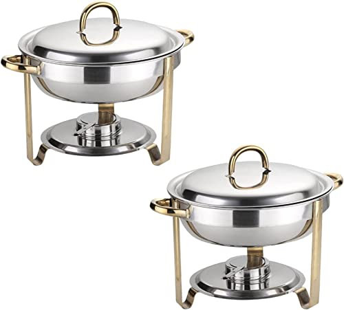 Gold Plated Stainless Steel Chafing Dish, 1/2/3/4/5/6 Packs Round Buffet Food Warmer Container Set with Food Pan, Water Pan and Fuel Holders, for Party Wedding Restaurant,2Pack,2Pack