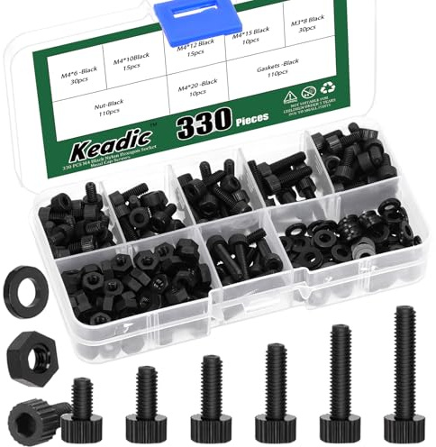 Keadic 330Pcs M4 Nylon Hex Bolzen, Hexagon Sockel Head Cap Schraube Nylon Kunststoff Pan Runde Kopf Schrauben und Muttern, Hex Bolzen Mutter Washer Kit für Industrie, Schwarz