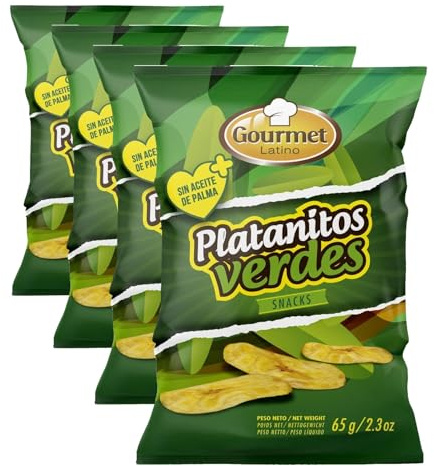 Platanitos Verdes - Bolsa Individual de 65 g - Sabor Salado - Elaborado con Plátano Fresco Verde - Aceite de Girasol 100% - Ideal Como Aperitivo - Gourmet Latino (Paquete de 4)