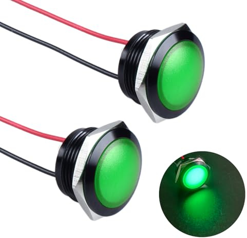 DMWD 2PCS 19mm 12-24V AC/DC Metal Indicator Light, Waterproof IP67 Single lamp LED Pilot Lamp Raised Head with Wire for Car Truck Boat(Green LED) Black Anodized Shell