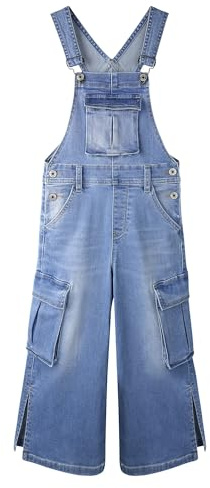 KIDSCOOL SPACE Salopette en Jean pour Fille, Salopette en Jean Cargo à Jambes Larges et Poches à Talons Profonds