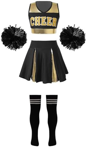 inhzoy Kinder Cheer Leader Outfit Mädchen Cheerleading Rock Oberteil Pompoms Socken Set Fasching Party Tanzkleidung Schwarz&Weiß-Socken 134-140