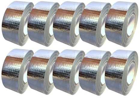 Alu Klebeband Pack 10 Rollen Aluminiumband 50mm x 45m Aluminium netzverstärkt hitzebeständig für Rohrisolierung Lüftungs- und Klimaanlagen Metallisches Dichtband