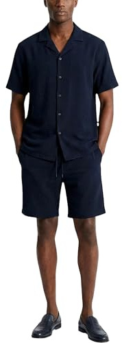 Mens Crinkle Textured Co-ord Shirt Short Set Anti Wrinkle Two Piece Breathable Top & Bottom Summer Beach, Navy, S