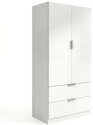 duehome | Armario de 2 Puertas y 2 cajones, Modelo Lark, Acabado en Color Blanco Artik, Medidas: 81 cm (Ancho) x 180 cm (Alto) x 52 cm (Fondo)