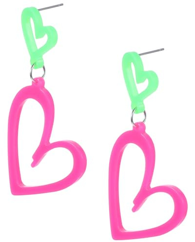 Tyqour 1 par de pendientes de neón para mujer, diseño retro de corazón acrílico, para fiestas de los años 80, 90, pendientes vintage de neón para fiesta temática, disfraz, fiesta, mascarada, mujer y