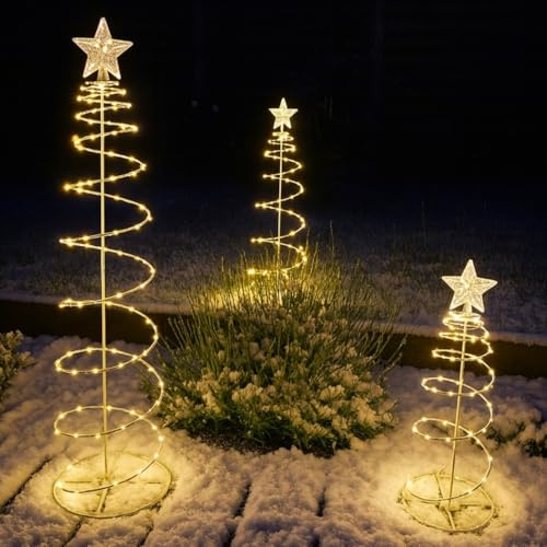 Online Fuchs 3er Set Lichterbäume mit 233 warmweißen LED´s inklusive Timer - Weihnachtsdeko für draußen & innen - Leuchtbaum mit Batterien (Silber)