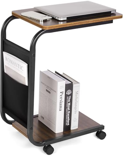 Yorbay Beistelltisch Holz Couch, Sofatisch mit Rollen und Aufbewahrungstasche, C Form Mobiler Kaffeetisch mit Metallgestell, 45 x 30 x 65 cm Beistelltische fürs Wohnzimmer, für Kaffee und Laptop