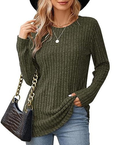 WNEEDU Maglie a Maniche Lunghe da Donna Felpe Girocollo Leggere e morbide Maglioni a Righe Tinta Unita da Donna Maglioni Pullover Verde Militare S